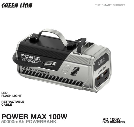 بنك الطاقة جرين ليون باور ماكس مع ضوء فلاش LED عالي اللومن، 50 ألف مللي أمبير/ساعة، شحن سريع 100 وات، كابل قابل للسحب، شاشة رقمية، شحن متعدد الأجهزة - فضي