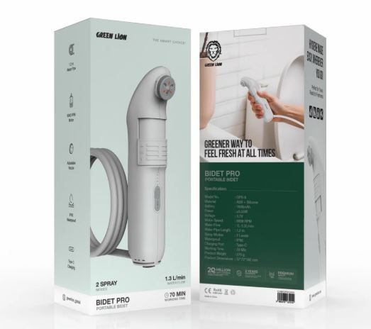 Green Lion Bidet Pro Portable 5.55W مع وضعين للرش، أنبوب مياه بطول 1.2 متر، مدة تشغيل 70 دقيقة، 1600mAh، شحن من النوع C، فوهة قابلة للتعديل - أبيض