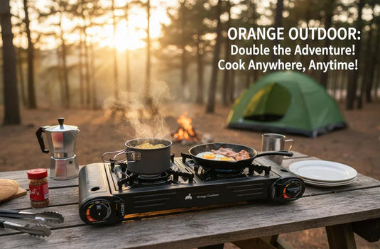 موقد غاز محمول مزدوج الشعلات، موقد تخييم عالي التحمل للسفر في الهواء الطلق والشواء