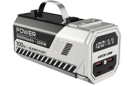 بنك الطاقة جرين ليون باور ماكس مع ضوء فلاش LED عالي اللومن، 50 ألف مللي أمبير/ساعة، شحن سريع 100 وات، كابل قابل للسحب، شاشة رقمية، شحن متعدد الأجهزة - فضي