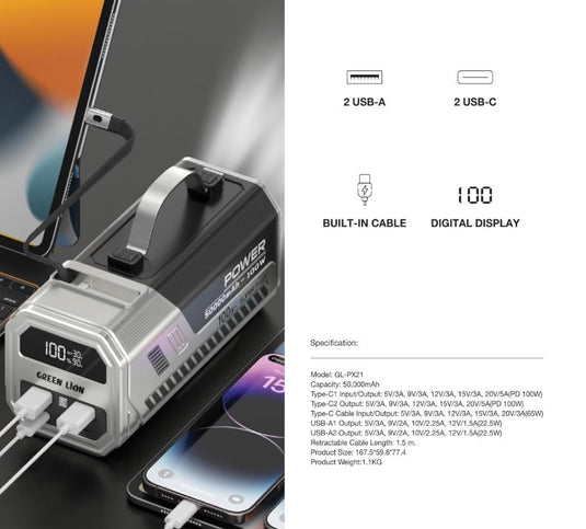 بنك الطاقة جرين ليون باور ماكس مع ضوء فلاش LED عالي اللومن، 50 ألف مللي أمبير/ساعة، شحن سريع 100 وات، كابل قابل للسحب، شاشة رقمية، شحن متعدد الأجهزة - فضي