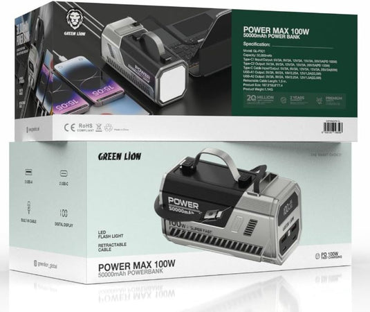 بنك الطاقة جرين ليون باور ماكس مع ضوء فلاش LED عالي اللومن، 50 ألف مللي أمبير/ساعة، شحن سريع 100 وات، كابل قابل للسحب، شاشة رقمية، شحن متعدد الأجهزة - فضي