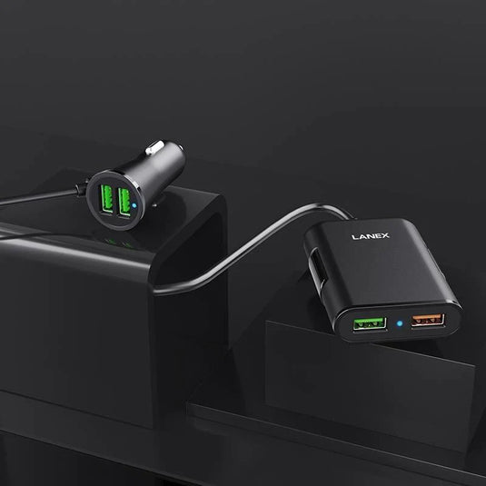 محول شحن للسيارة 4 منافذ USB بقوة 30 واط وكيبل بطول 1.8 متر من LANEX