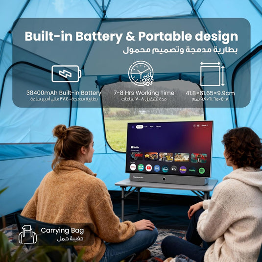 تلفزيون باورولوجي 27 بوصة بنظام أندرويد 14، ذاكرة 1 جيجابايت + 8 جيجابايت، بطارية 38400 مللي أمبير، تلفزيون جوجل للاستخدام الخارجي مع حقيبة حمل - أبيض